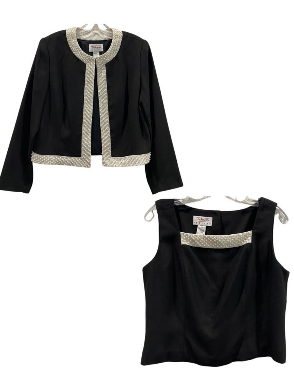 Vintage Talbots Pearl Beaded Jacket Top Twin Set Size 12P Black Cocktail Evening